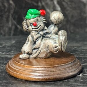 Creepy Clown with Green/Red Hat on Wood Stand